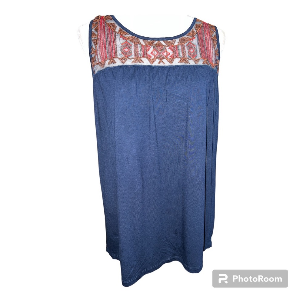 Nygard Slims Indigo Mesh Embellished Neckline Split Back Tank M